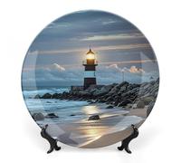 LLUTSNTH Sea Lighthouse Ceramic Decorative Plate Boho Bone China Decorative Plate with Display Stand Wall Hanging Ornament Plates for Kitchen Dining Room Wine Cabinet Home Décor 6inch
