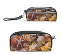 LLUTSNTH Sea Shell Treasures Pencil Case - Large Capacity Pen Pouch Aesthetic Makeup Bag with Zipper Leather Pencil Bag for Stationery, Art Supplies, Travel Essentials