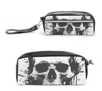 LLUTSNTH Simple Skull Graphic Pencil Case - Large Capacity Pen Pouch Aesthetic Makeup Bag with Zipper Leather Pencil Bag for Stationery, Art Supplies, Travel Essentials