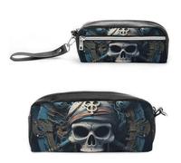 LLUTSNTH Skeleton Pirate Pencil Case - Large Capacity Pen Pouch Aesthetic Makeup Bag with Zipper Leather Pencil Bag for Stationery, Art Supplies, Travel Essentials