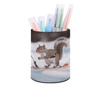 LLUTSNTH Skiing Squirrel Pen Holder Leather Pencil Holder Pen Cup Makeup Brush Holders Leather Pencil Cup Desk Pens Pot Desktop Organizer Pencils Caddy for Office Home Stationery Supplies
