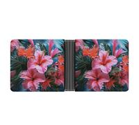 LLUTSNTH Slim Leather Wallet for Men - Human Skull Pink Flowers Bifold Card Holder for Daily Travel, Mens Money Clip, Pink flower tropical plant, One Size, Modern