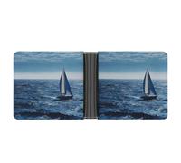 LLUTSNTH Slim Leather Wallet for Men - Moonlight Watercolor Style Ninja Bifold Card Holder for Daily Travel, Mens Money Clip, Blue Sea Sailboat, One Size, Modern