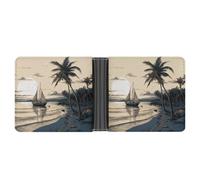 LLUTSNTH Slim Leather Wallet for Men - Moonlight Watercolor Style Ninja Bifold Card Holder for Daily Travel, Mens Money Clip, Palm Trees Fishing Boat, One Size, Modern