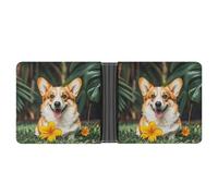 LLUTSNTH Slim Leather Wallet for Men - Red Poppy Flowers Leaves Bifold Card Holder for Daily Travel, Mens Money Clip, tropical flower and corgi, One Size, Modern