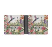 LLUTSNTH Slim Leather Wallet for Men - Red Poppy Flowers Leaves Bifold Card Holder for Daily Travel, Mens Money Clip, Garden with birds and flowers, One Size, Modern