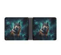 LLUTSNTH Slim Leather Wallet for Men - Wolf Under The Starry Sky Bifold Card Holder for Daily Travel, Mens Money Clip, Wolf under the starry sky, One Size, Modern