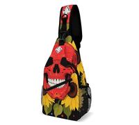 LLUTSNTH Sling Bag for Travel & Hiking, Rainforest Hydrangea Crossbody Chest Pack Fanny Pack with Adjustable Strap, Red Skull & Yellow Sunflowers, 38x20cm, Red Skull & Yellow Sunflowers