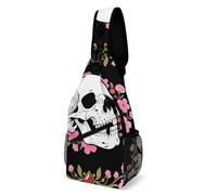 LLUTSNTH Sling Bag for Travel & Hiking, Tropical Beach Crossbody Chest Pack Fanny Pack with Adjustable Strap, White Skull & Pink Cherry Blossoms, 38x20cm, White Skull & Pink Cherry Blossoms