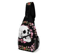 LLUTSNTH Sling Bag for Travel & Hiking, Two Flower Roosters Crossbody Chest Pack Fanny Pack with Adjustable Strap, White Skull & Pink Cherry Blossoms, 38x20cm