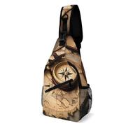 LLUTSNTH Sling Bag for Travel & Hiking, Yellow Lion Head Crossbody Chest Pack Fanny Pack with Adjustable Strap, Compass and Old World Map, 38x20cm