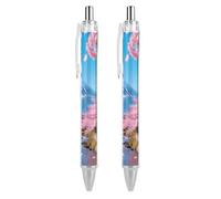 LLUTSNTH Snowy Fuji & Pink Bloom Ballpoint Pens Black Medium Point 0.55mm Ball Point Pen Retractable Office Pens with Super Soft Grip Writing Ink Pen for Men Women 2 PCS