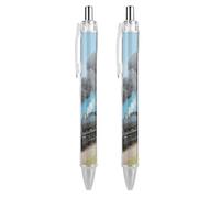 LLUTSNTH Steam Train by The Sea Ballpoint Pens Black Medium Point 0.55mm Ball Point Pen Retractable Office Pens with Super Soft Grip Writing Ink Pen for Men Women 2 PCS
