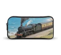 LLUTSNTH Steam Train by The Sea Pencil Case - Large Capacity Pencil Pouch Aesthetic Makeup Bag with Zipper for Stationery, Art Supplies, Travel Essentials