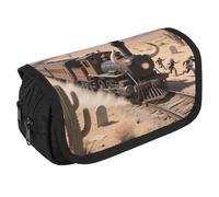 LLUTSNTH Steam Train in The Desert 2 Compartments Pencil Case Makeup Bag | Large Capacity Polyester Pencil Pouch with Handle | Toiletry & Cosmetic Bag Organizer for Travel Office