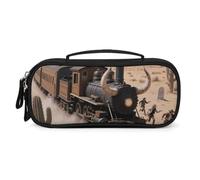 LLUTSNTH Steam Train in The Desert Pencil Case - Large Capacity Pencil Pouch Aesthetic Makeup Bag with Zipper Leather And Handle Design Pen Bag for Stationery, Art Supplies, Travel Essentials
