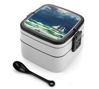 LLUTSNTH Stormy Waves Vintage Sailboat Stackable Bento Box with Spoon - Leak Proof Lunch Container, Insulated Food Storage Boxes/Invisible Handle for Office, Travel & Picnic