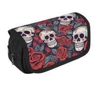 LLUTSNTH Sugar Skulls And Red Roses 2 Compartments Pencil Case Makeup Bag | Large Capacity Polyester Pencil Pouch with Handle | Toiletry & Cosmetic Bag Organizer for Travel Office