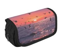 LLUTSNTH Sunset Seagulls 2 Compartments Pencil Case Makeup Bag | Large Capacity Polyester Pencil Pouch with Handle | Toiletry & Cosmetic Bag Organizer for Travel Office