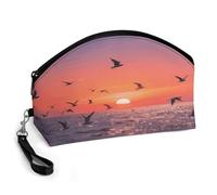 LLUTSNTH Sunset Seagulls Travel Makeup Bag, Large Capacity Cosmetic Bag for Women, Waterproof PU Leather, Curved Portable Toiletry Bag for Skincare, Brushes & Travel Essentials