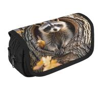 LLUTSNTH Teal Gray Rose 2 Compartments Pencil Case Makeup Bag | Large Capacity Polyester Pencil Pouch with Handle | Toiletry & Cosmetic Bag Organizer for Travel Office, Raccoon in The Fall Tree Hole