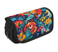 LLUTSNTH Tiger Botanical Print 2 Compartments Pencil Case Makeup Bag | Large Capacity Polyester Pencil Pouch with Handle | Toiletry & Cosmetic Bag Organizer for Travel Office, Flower Design, One Size