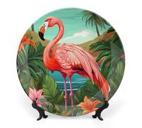 LLUTSNTH Tropical Flamingo Ceramic Decorative Plate Boho Bone China Decorative Plate with Display Stand Wall Hanging Ornament Plates for Kitchen Dining Room Wine Cabinet Home Décor 10inch