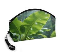 LLUTSNTH Tropical Green Leaves Travel Makeup Bag, Large Capacity Cosmetic Bag for Women, Waterproof PU Leather, Curved Portable Toiletry Bag for Skincare, Brushes & Travel Essentials