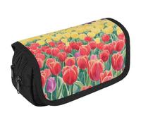 LLUTSNTH Tulip Field 2 Compartments Pencil Case Makeup Bag | Large Capacity Polyester Pencil Pouch with Handle | Toiletry & Cosmetic Bag Organizer for Travel Office