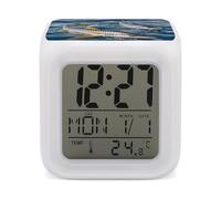 LLUTSNTH Two Big Fish in The Water Small Alarm Clock LED Digital Clock Portable Decor Clocks with 7 Color Night Light and Temperature Display - Sleep Timer for Bedrooms Simple Operation