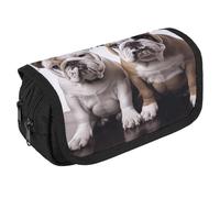 LLUTSNTH Two Cute Bulldog Dogs 2 Compartments Pencil Case Makeup Bag | Large Capacity Polyester Pencil Pouch with Handle | Toiletry & Cosmetic Bag Organizer for Travel Office