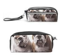 LLUTSNTH Two Cute Bulldog Dogs Pencil Case - Large Capacity Pen Pouch Aesthetic Makeup Bag with Zipper Leather Pencil Bag for Stationery, Art Supplies, Travel Essentials