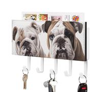 LLUTSNTH Two Cute Bulldog Dogs Wall Key Holder with 5 Hooks - PU Leather Key Rack Organizer, Entryway Storage for Keys/Masks/Letters, Housewarming Gift for Hallway Kitchen Decor