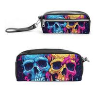 LLUTSNTH Two Different Skulls Pencil Case - Large Capacity Pen Pouch Aesthetic Makeup Bag with Zipper Leather Pencil Bag for Stationery, Art Supplies, Travel Essentials