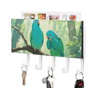 LLUTSNTH Two Parakeets Wall Key Holder with 5 Hooks - PU Leather Key Rack Organizer, Entryway Storage for Keys/Masks/Letters, Housewarming Gift for Hallway Kitchen Decor