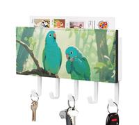 LLUTSNTH Two Parakeets Wall Key Holder with 5 Hooks - PU Leather Key Rack Organizer, Entryway Storage for Keys/Masks/Letters, Housewarming Gift for Hallway Kitchen Decor