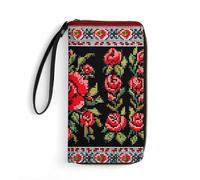 LLUTSNTH Ukrainian Embroidery Style Rose Womens Wallet Leather Money Clip Coin Purse Clutch Wristlet Travel Long Wallets
