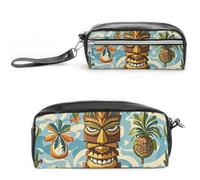 LLUTSNTH Vintage Aloha Tiki Pattern Pencil Case - Large Capacity Pen Pouch Aesthetic Makeup Bag with Zipper Leather Pencil Bag for Stationery, Art Supplies, Travel Essentials