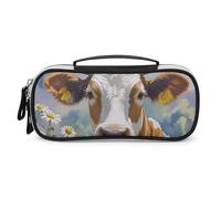 LLUTSNTH Watercolor Cow And Daisy Flower Pencil Case - Large Capacity Pencil Pouch Aesthetic Makeup Bag with Zipper Leather And Handle Design Pen Bag for Stationery, Art Supplies, Travel Essentials