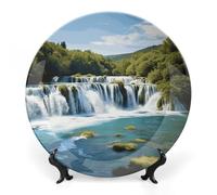 LLUTSNTH Waterfalls on Krka River Ceramic Decorative Plate Boho Bone China Decorative Plate with Display Stand Wall Hanging Ornament Plates for Kitchen Dining Room Wine Cabinet Home Décor 7inch