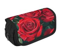 LLUTSNTH White Blooms Blue Butterflies 2 Compartments Pencil Case Makeup Bag | Large Capacity Polyester Pencil Pouch with Handle | Toiletry & Cosmetic Bag Organizer for Travel Office, many red rose