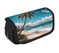 LLUTSNTH White Blooms Blue Butterflies 2 Compartments Pencil Case Makeup Bag | Large Capacity Polyester Pencil Pouch with Handle | Toiletry & Cosmetic Bag Organizer for Travel Office, Palm Tree Hawaii