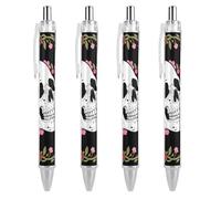 LLUTSNTH White Skull & Pink Cherry Blossoms Ballpoint Pens Black Medium Point 0.55mm Ball Point Pen Retractable Office Pens with Super Soft Grip Writing Ink Pen for Men Women 4 PCS