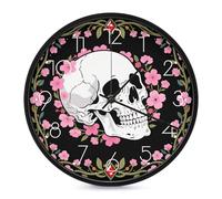 LLUTSNTH White Skull & Pink Cherry Blossoms Wall Clock Vintage Round Clocks Silent Non Ticking Clock Personalized Pattern Modern Clocks for Home Office Decoration 10 Inch