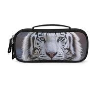 LLUTSNTH White Tiger Pencil Case - Large Capacity Pencil Pouch Aesthetic Makeup Bag with Zipper Leather And Handle Design Pen Bag for Stationery, Art Supplies, Travel Essentials