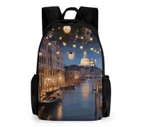 LLUTSNTH Winter White Owl Backpack with Pocket - 15.6-inch Laptop Sleeve Bag Casual Daypack for Work And Travel, Beautiful Venice at Night, 42x30.5cm