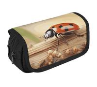 LLUTSNTH Women's Day Greeting Card 2 Compartments Pencil Case Makeup Bag | Large Capacity Polyester Pencil Pouch with Handle | Toiletry & Cosmetic Bag Organizer for Travel Office, Orange ladybug on