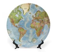 LLUTSNTH World Map Ceramic Decorative Plate Boho Bone China Decorative Plate with Display Stand Wall Hanging Ornament Plates for Kitchen Dining Room Wine Cabinet Home Décor 6inch