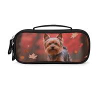 LLUTSNTH Yorkshire Terrier in Maple Forest Pencil Case - Large Capacity Pencil Pouch Aesthetic Makeup Bag with Zipper Leather And Handle Design Pen Bag for Stationery, Art Supplies, Travel Essentials