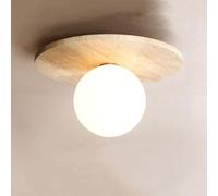 LLXDFUU Natural Yellow Travertine Stone Ceiling Lamp Cream Semi Flush Mount Ceiling Chandelier Lighting Fixture Vintage Farmhouse Large Ceiling Light White Glass Ball For Modern Bedroom Living Room